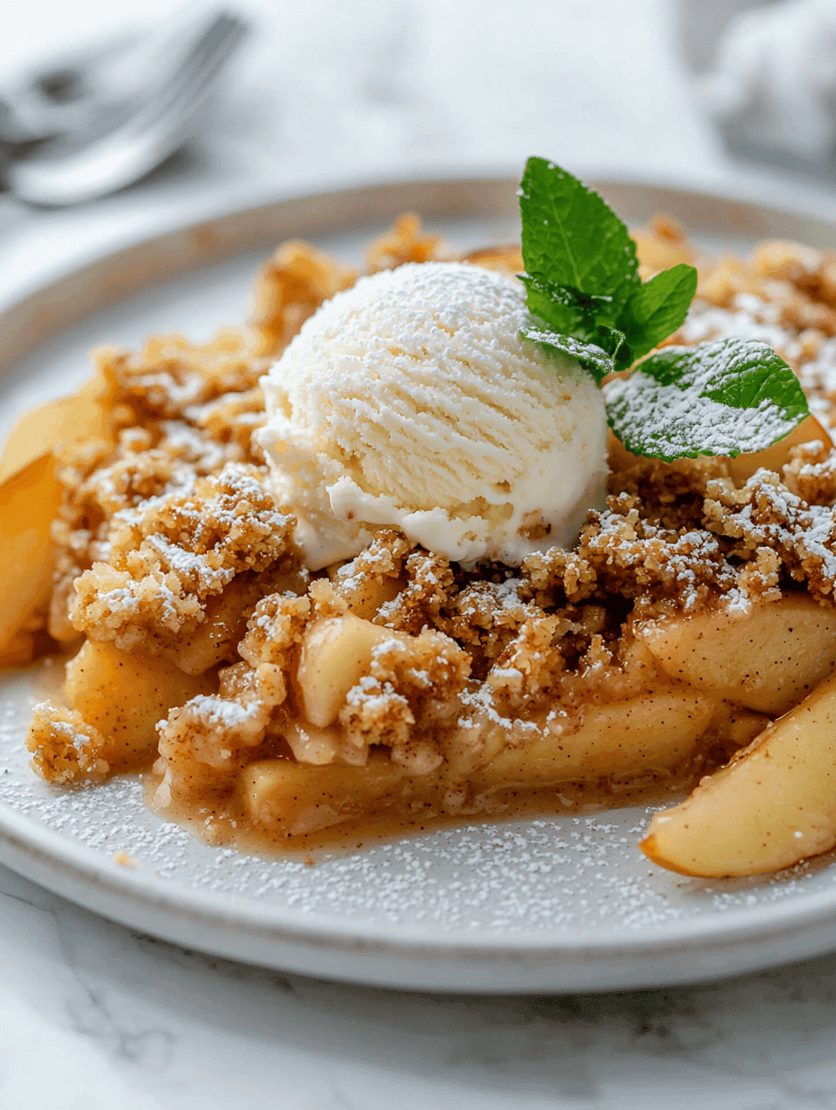 Served warm apple crumble with a scoop of melting vanilla ice cream and a spoon