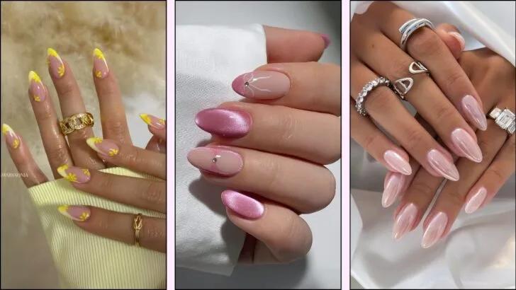 collage of various almond nail designs, colors, and textures, showcasing versatility