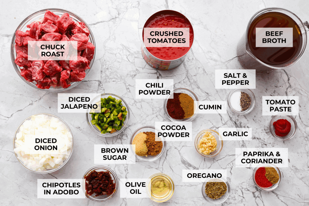 overhead shot of ingredients for Texas no bean chili