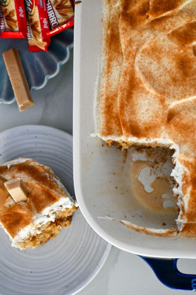 overhead view of a whole churro tres leches cake