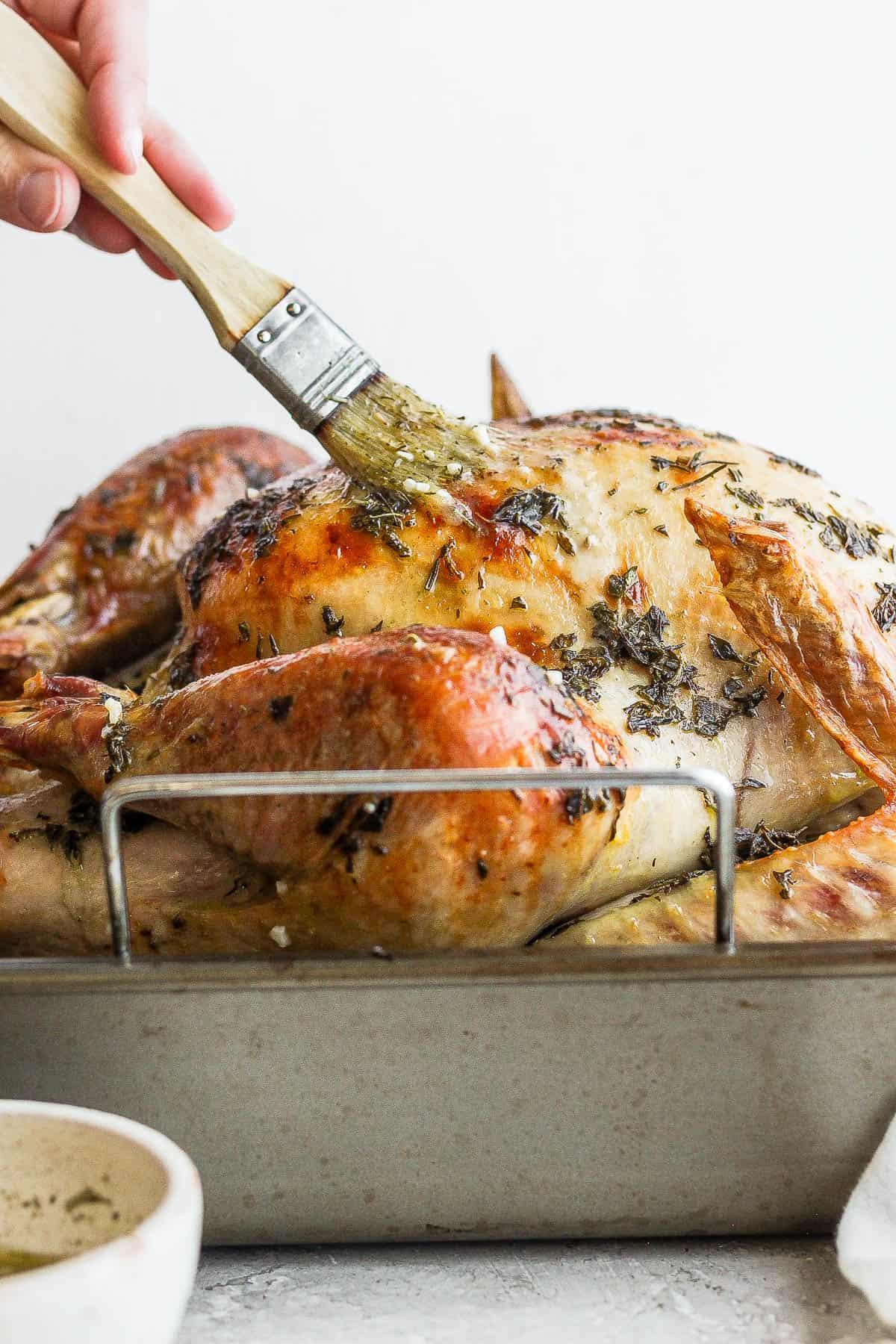A person basting a roasting turkey with a brush