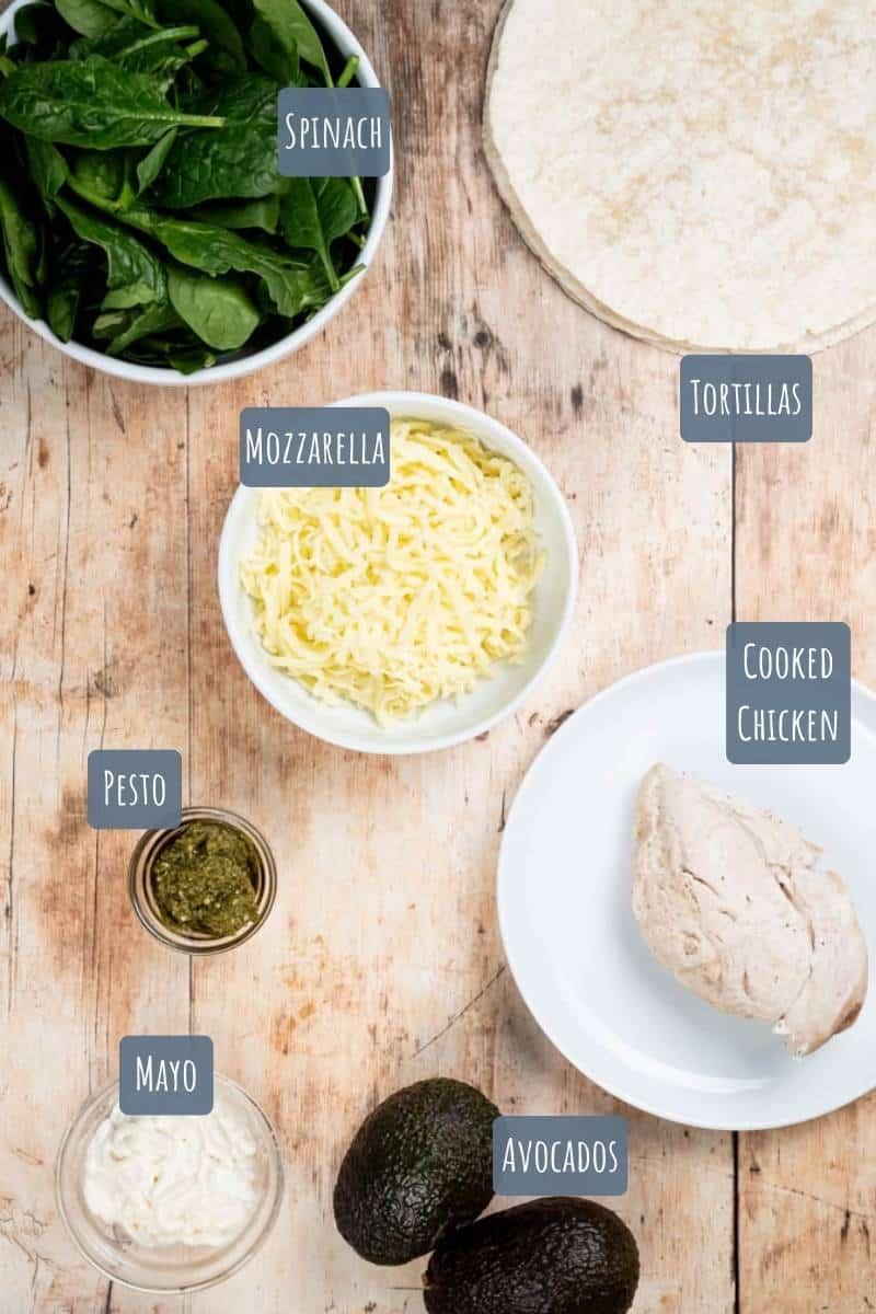 ingredients for creamy chicken spinach wraps laid out on a countertop