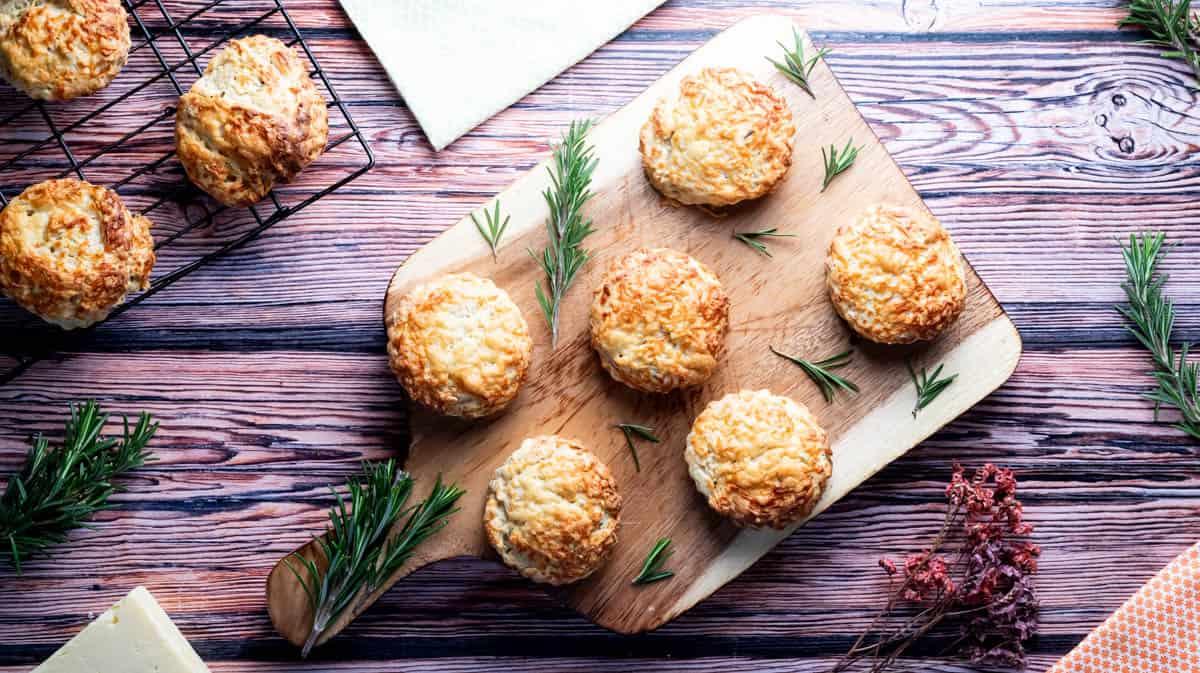 overhead shot of scone ingredients laid out on a wooden table