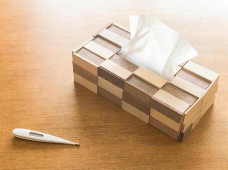box of tissues and thermometer