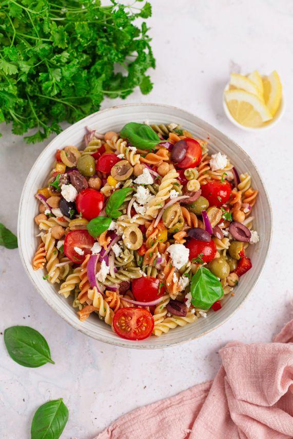 close-up of Mediterranean chickpea pasta salad