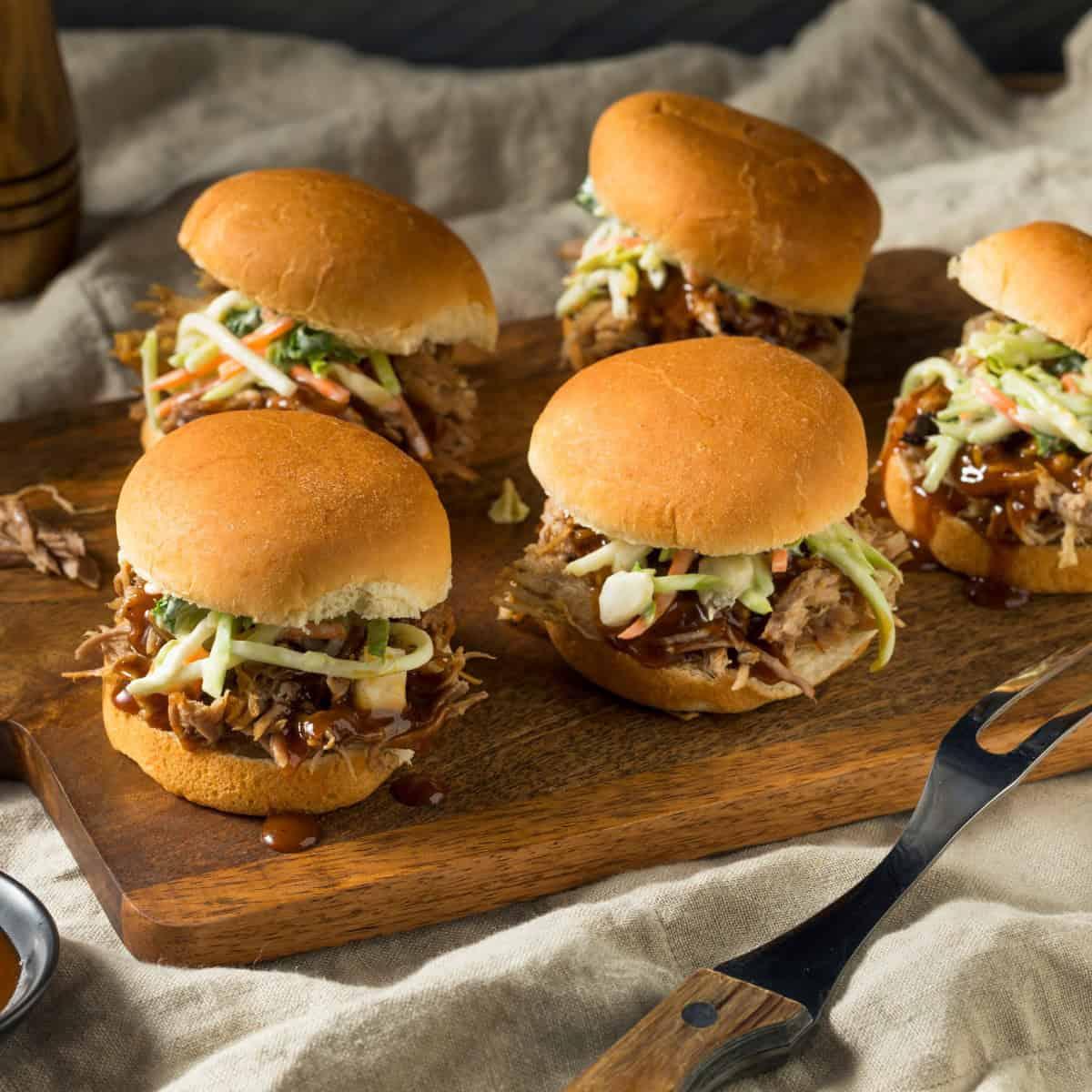 Espresso Rubbed BBQ Pork Sliders on a wooden board