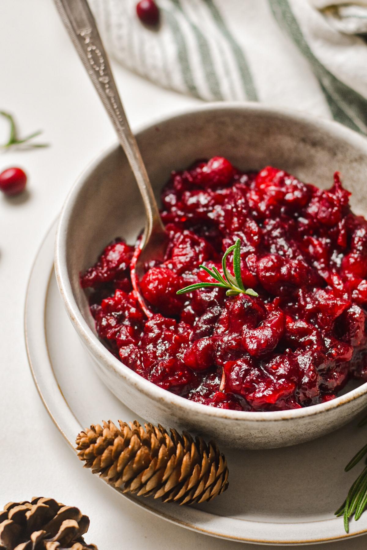 Vibrant cranberry ginger sauce in a decorative bowl with fresh cranberries and ginger slices, holiday background