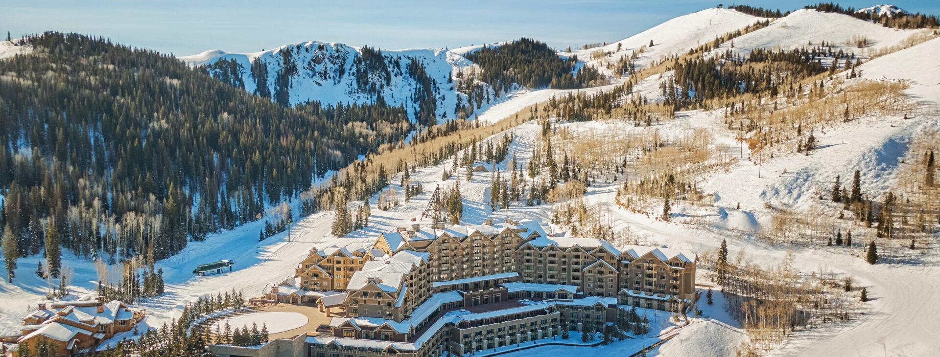 Luxury ski resort montage featuring snow-covered mountains, luxurious hotel exteriors, and spa interiors
