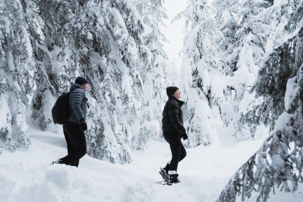 couple snowshoeing in winter forest