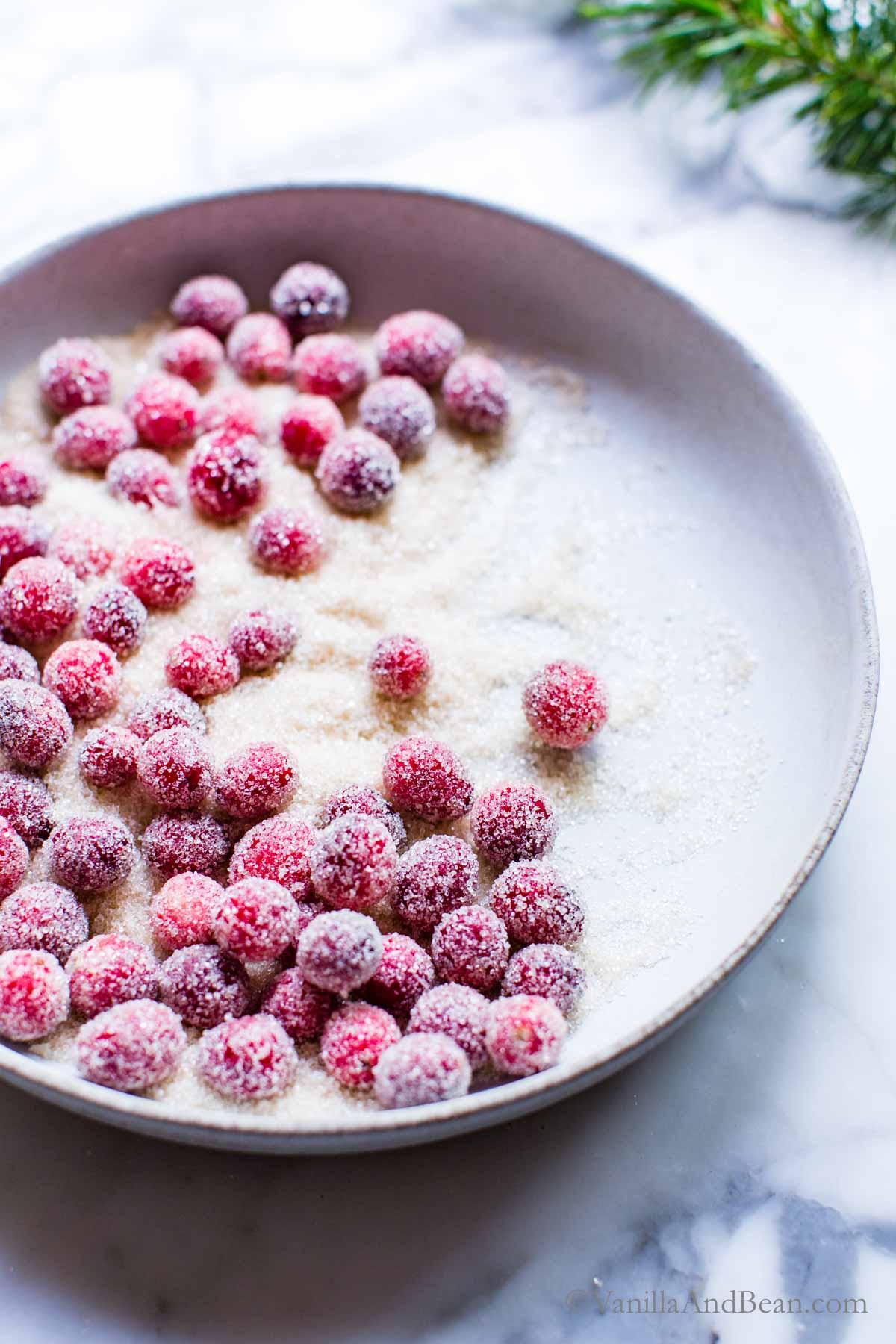 Close-up of fresh cranberries simmering in a pot with sugar and vanilla