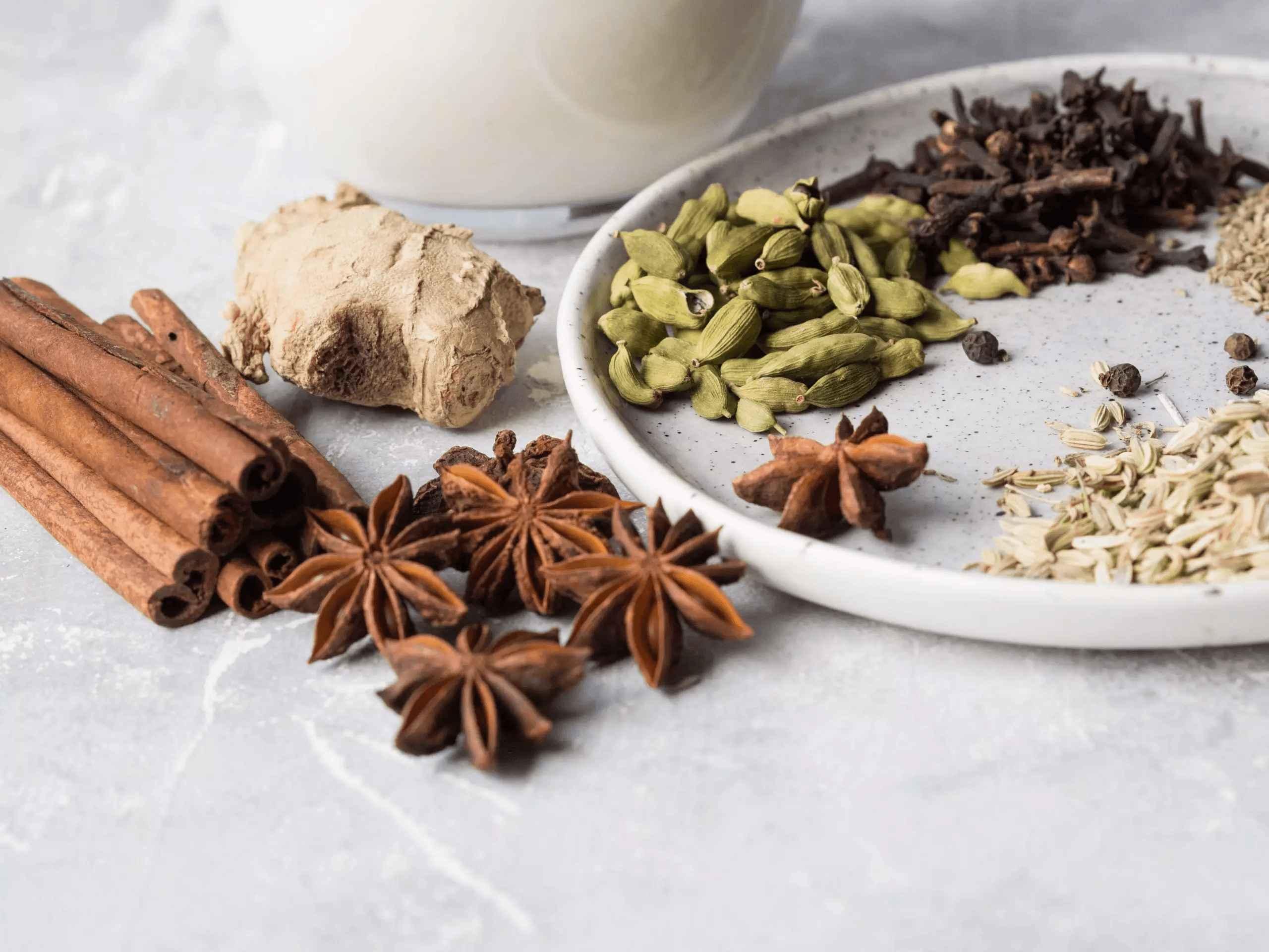 chai spices like cardamom, cinnamon, cloves and star anise