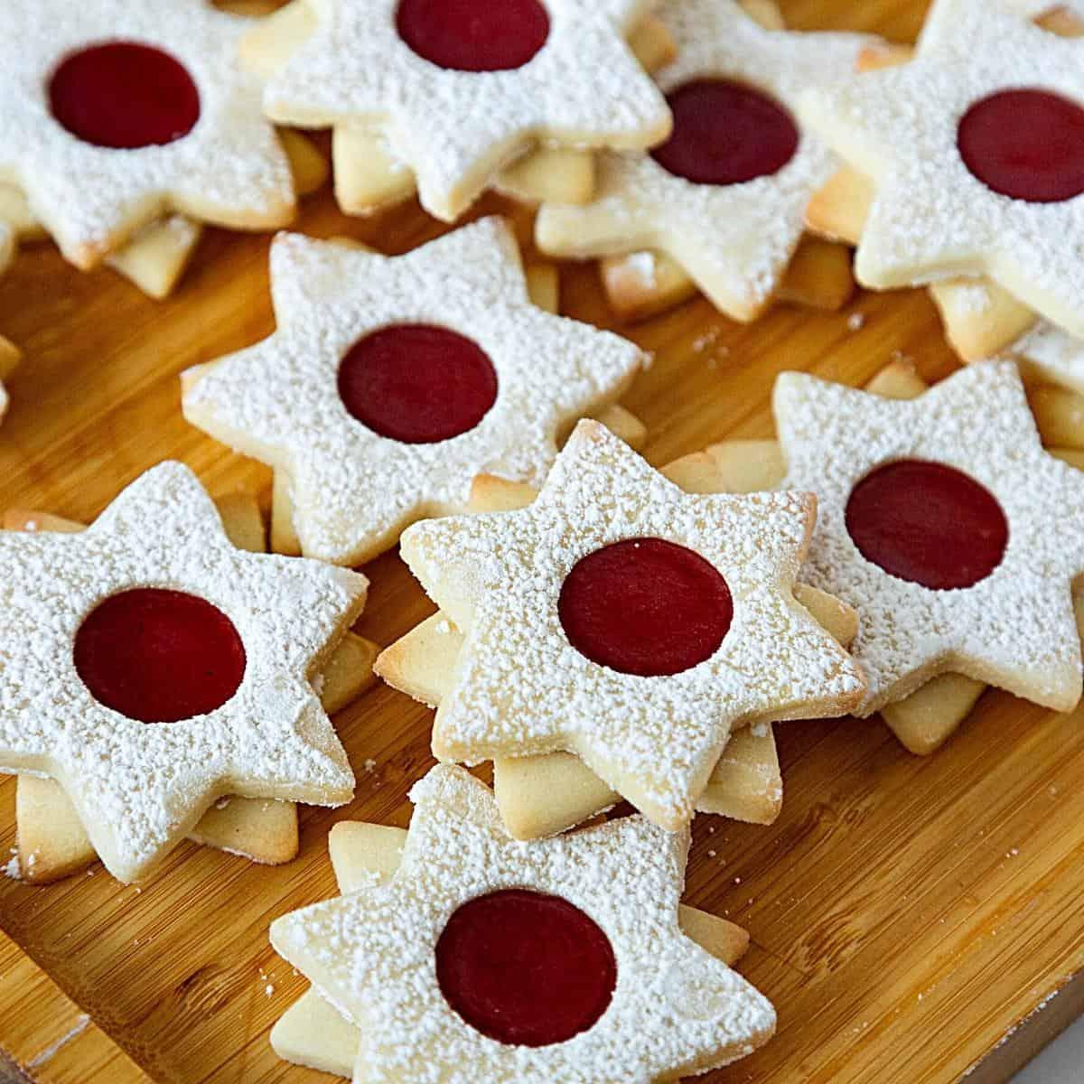 Close-up of freshly baked star cookies waiting for glaze