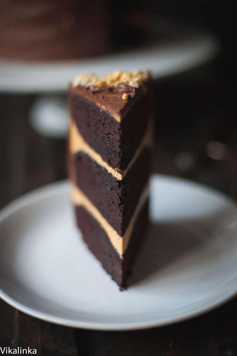 close up side view of a slice of the cake, showing the layers and honeycomb pieces