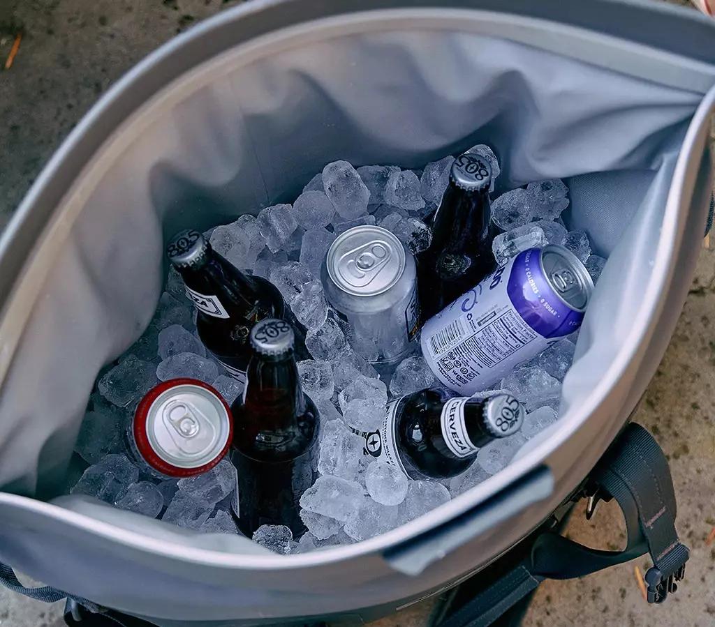 Yeti cooler bag filled with drinks and ice