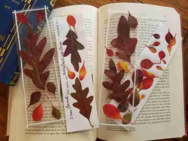 Leaf bookmarks next to a book