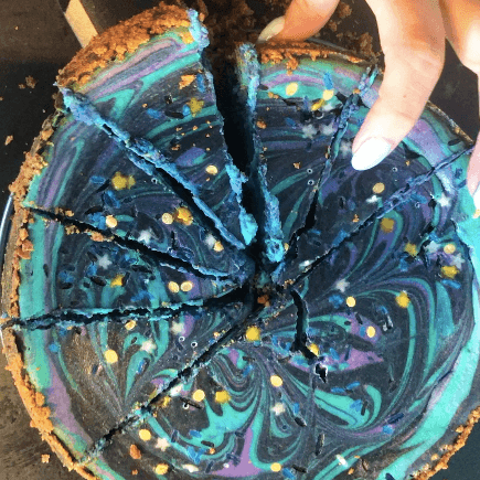 Close-up of the galaxy swirls in the cheesecake batter