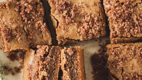 Delicious gooey cinnamon cookie squares on a cooling rack, close-up with cinnamon dust