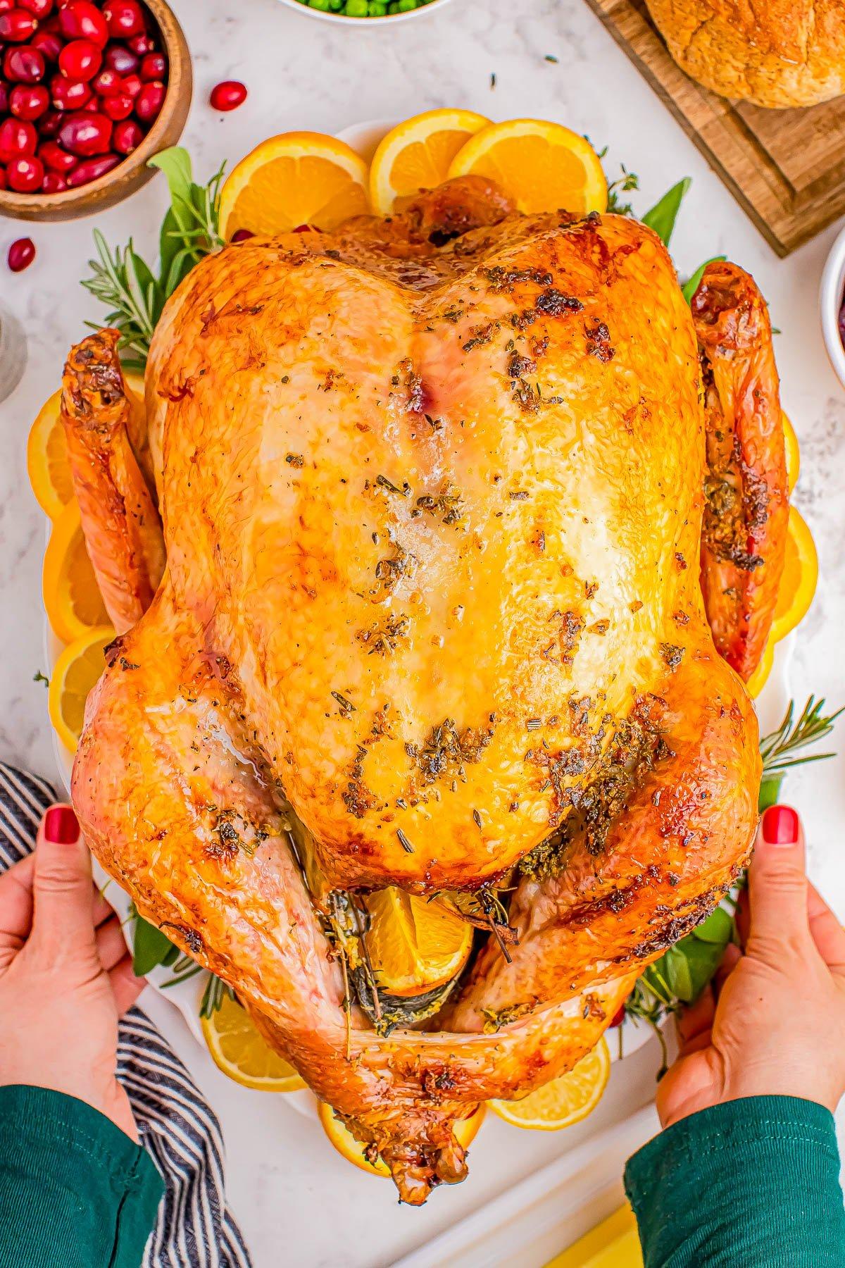 whole roasted turkey with citrus slices and fresh herbs on a platter, golden brown skin