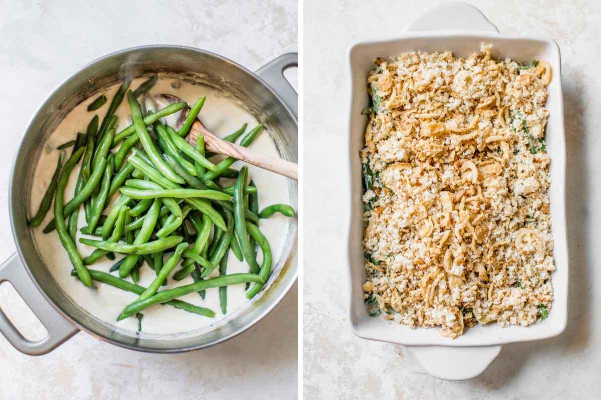 A glass baking dish filled with green bean casserole before baking, showing the creamy sauce and green beans