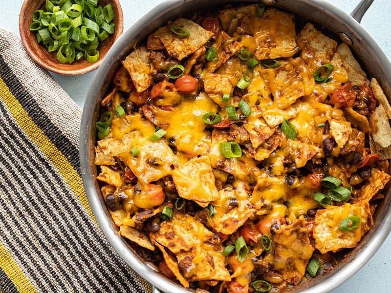 overhead shot of prepared smoked paprika ground beef taco filling in a skillet