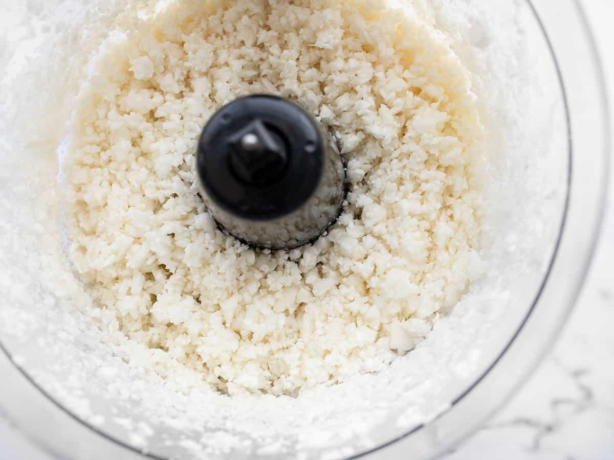 Close-up of freshly riced cauliflower, before cooking
