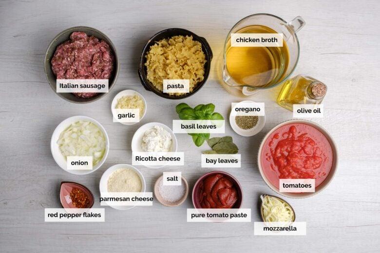 overhead shot of lasagna soup ingredients laid out before cooking