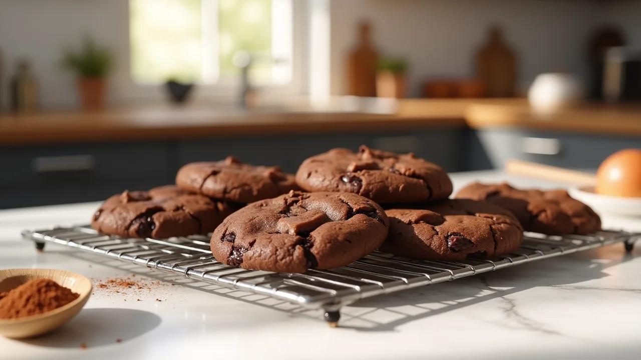 Freshly baked double chocolate cookies cooling on a wire rack with a few still on the parchment-lined baking sheet.