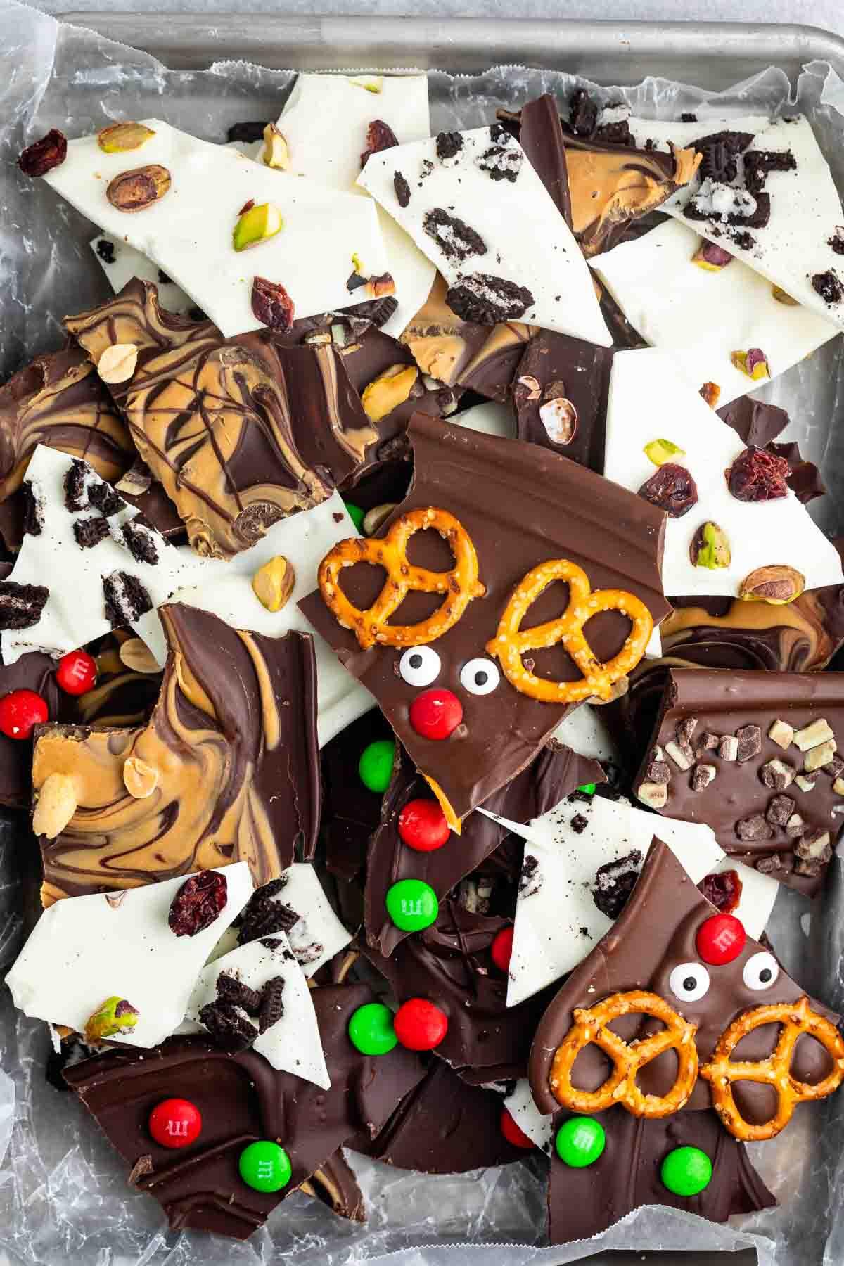 various toppings for chocolate bark like nuts, sprinkles, dried fruit