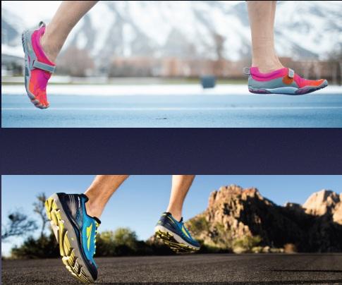 woman comparing minimalist and maximalist running shoes