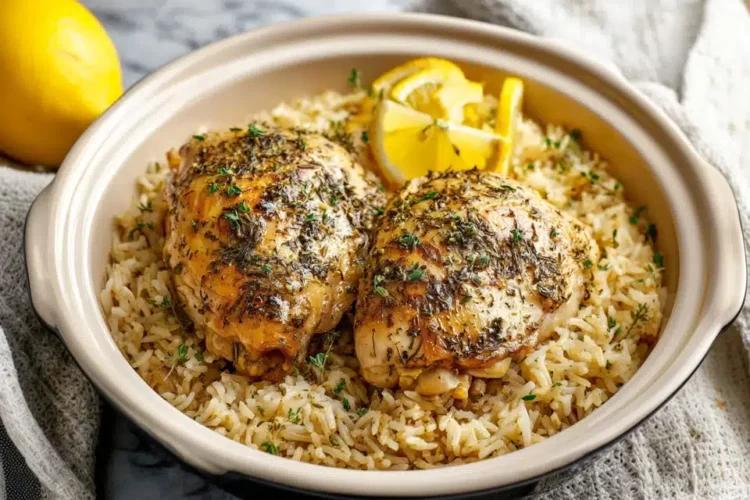 serving of slow cooker lemon herb chicken and rice in a rustic bowl