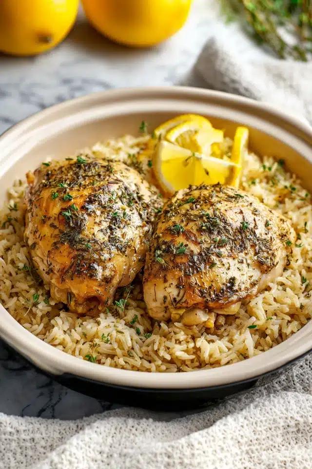 close up shot of slow cooker lemon herb chicken and rice