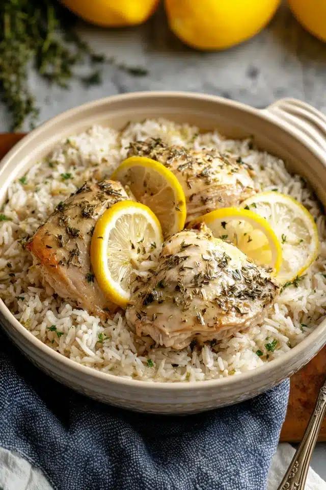 close up shot of slow cooker lemon herb chicken and rice