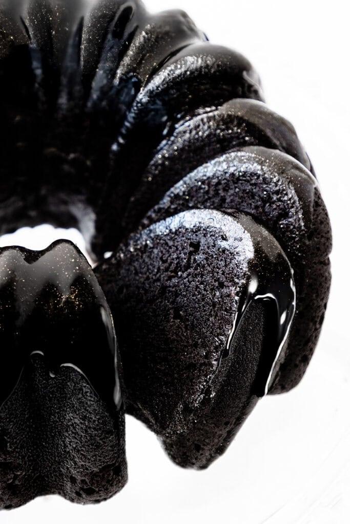 a close up of the Midnight Velvet Elixir Cake, showing the velvety texture