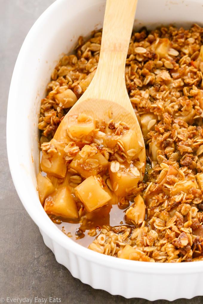 close up of a warm oatmeal apple crisp