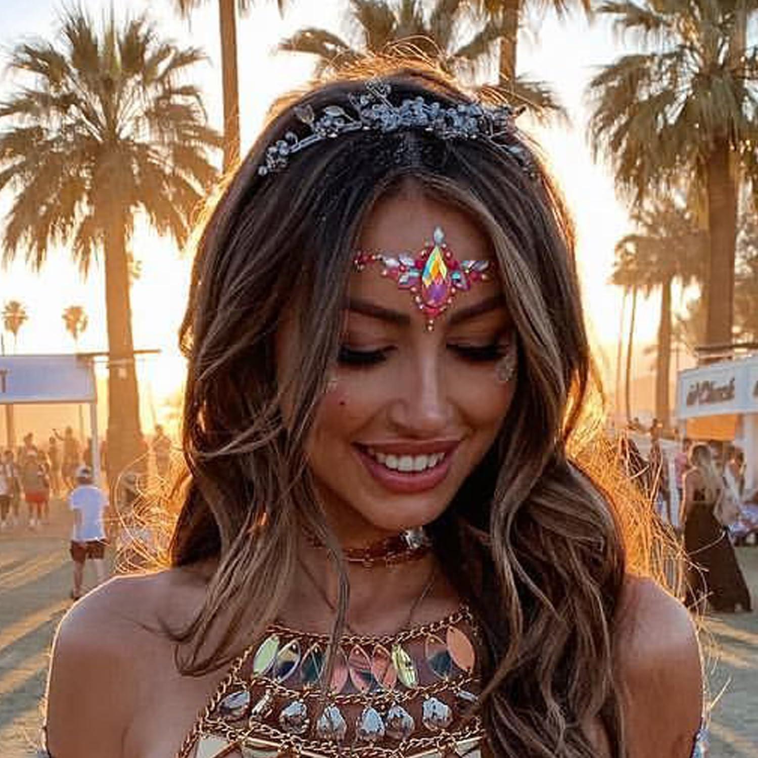 woman with face gems at outdoor music festival