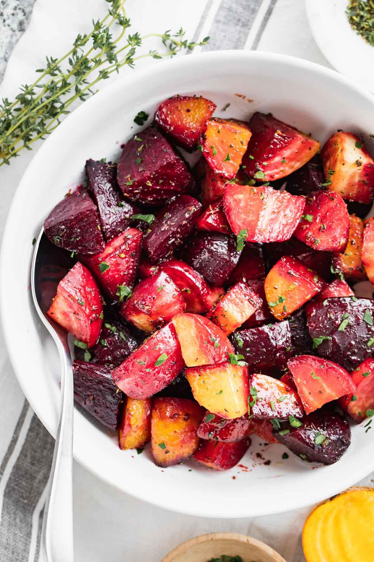 close-up of perfectly roasted red and golden beets