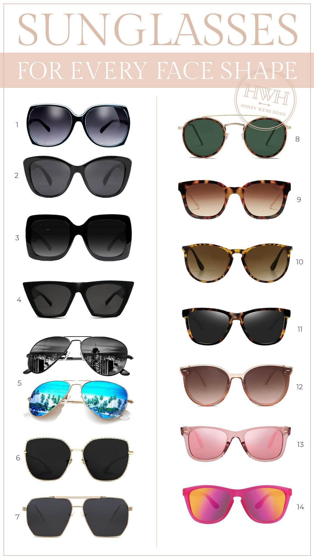 close-up of a variety of sunglasses under $25