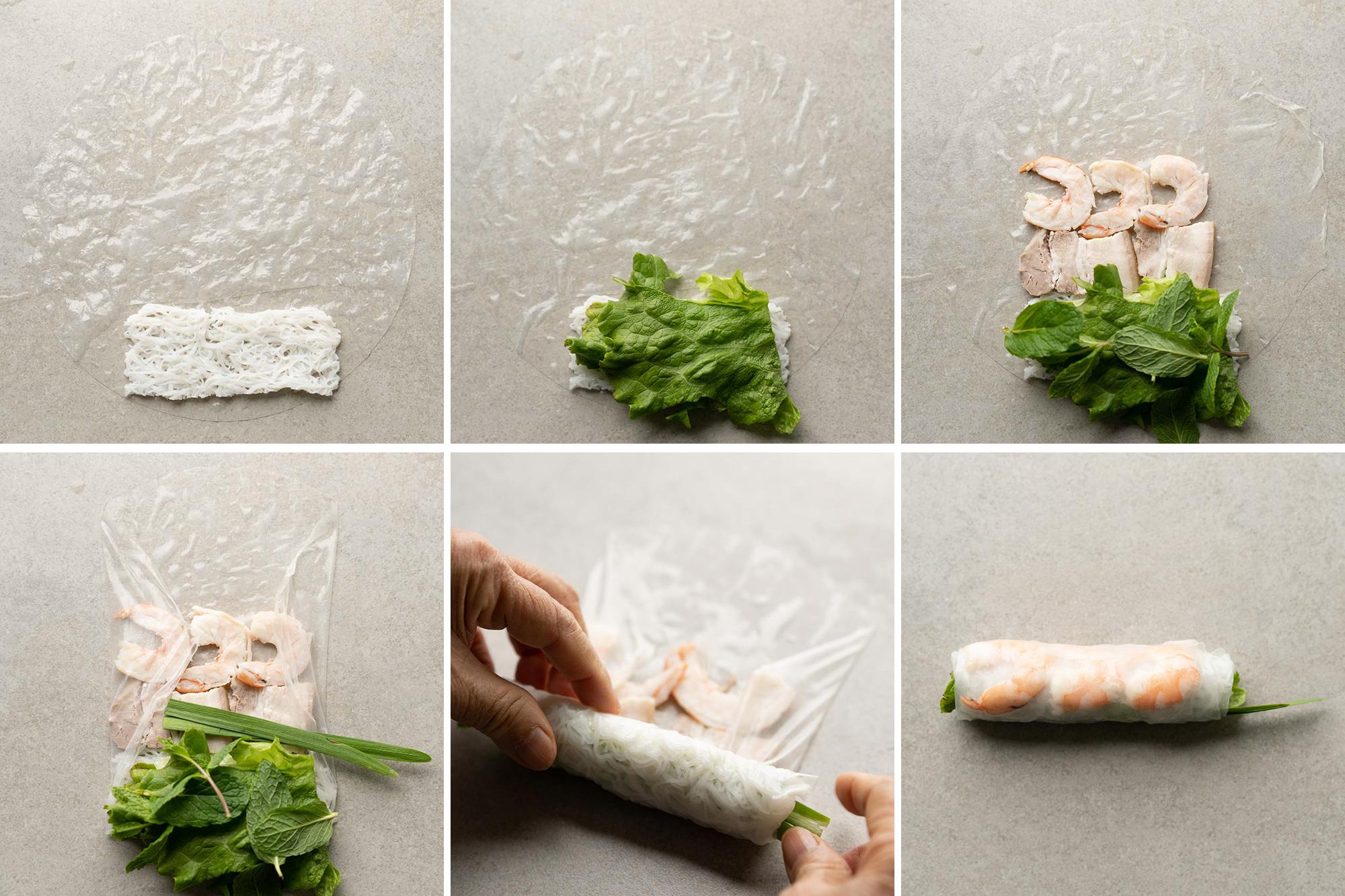 close-up of spring rolls being assembled