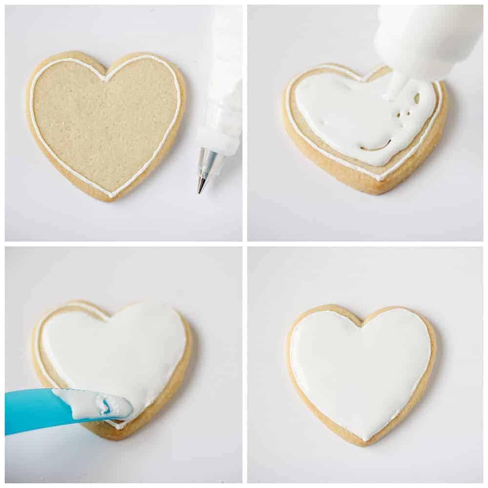 step-by-step image of outlining a sugar cookie with royal icing, French tip style