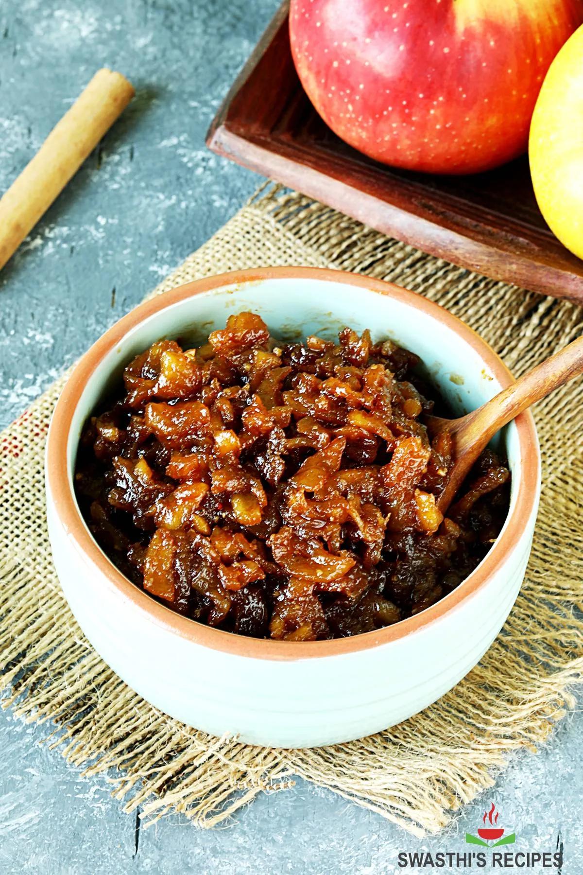 Bowl of homemade apple chutney with visible apple pieces and spices