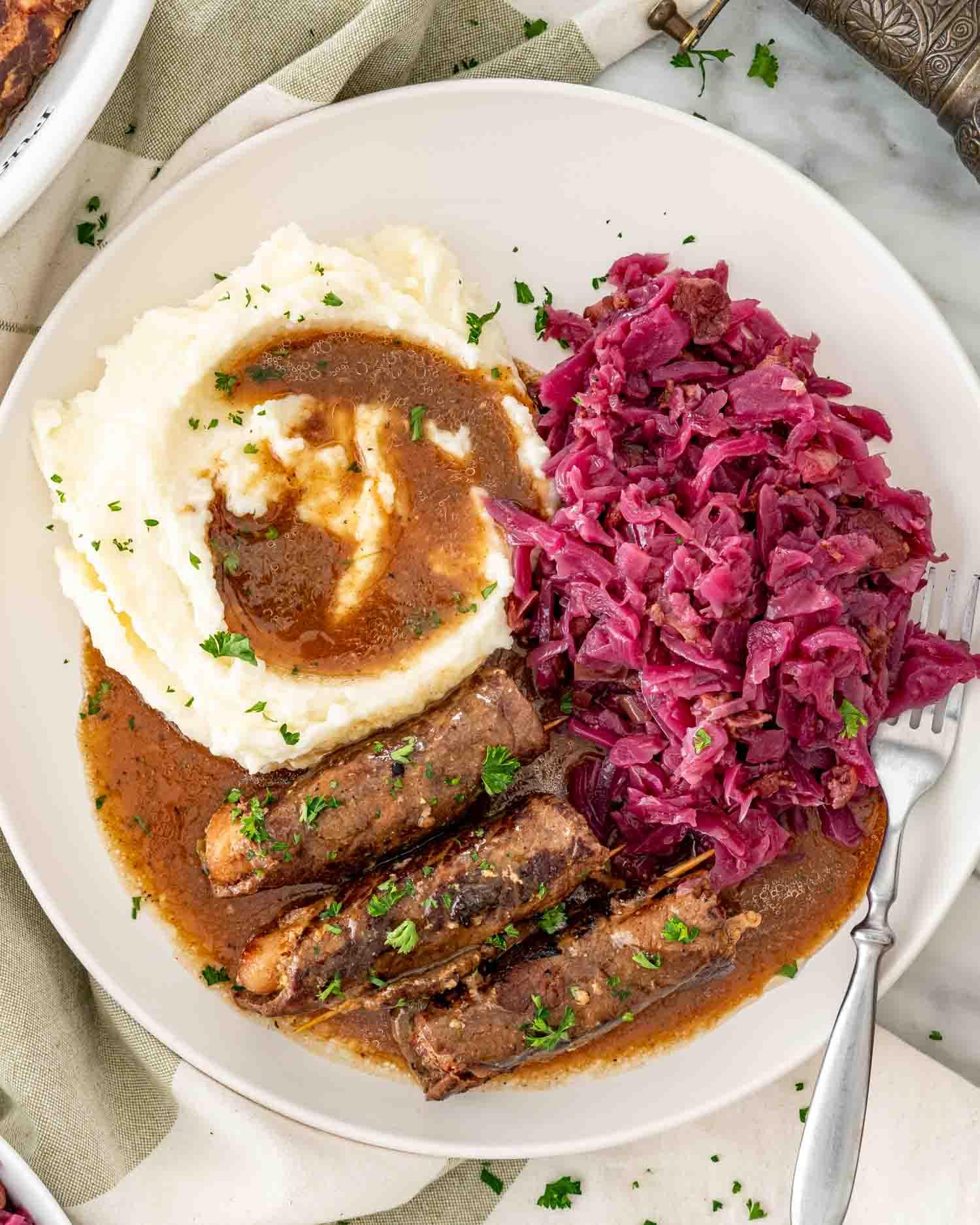 Cozy German restaurant interior with a plate of braised red cabbage