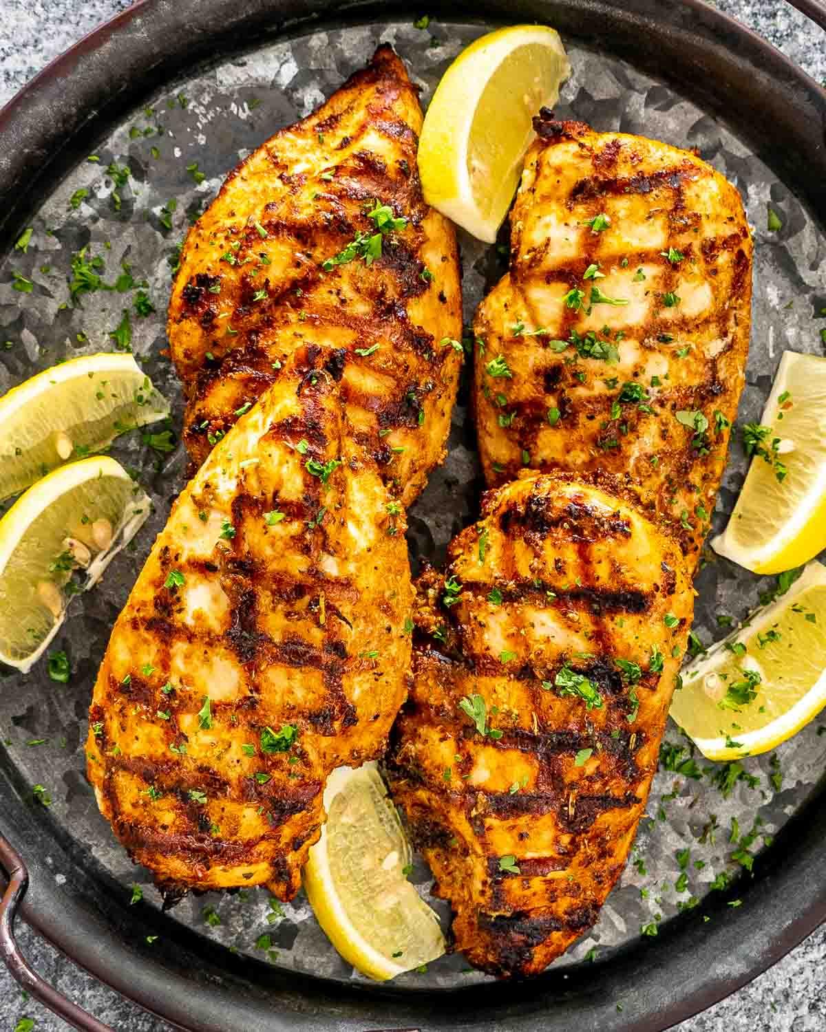 Grill with chicken breasts showing perfect grill marks