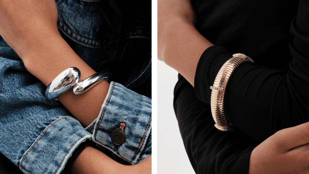 woman struggling with her chunky bracelets and necklace
