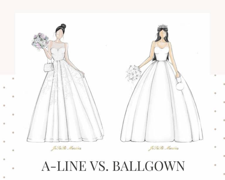 A side-by-side comparison of a ball gown wedding dress and an A-line wedding dress