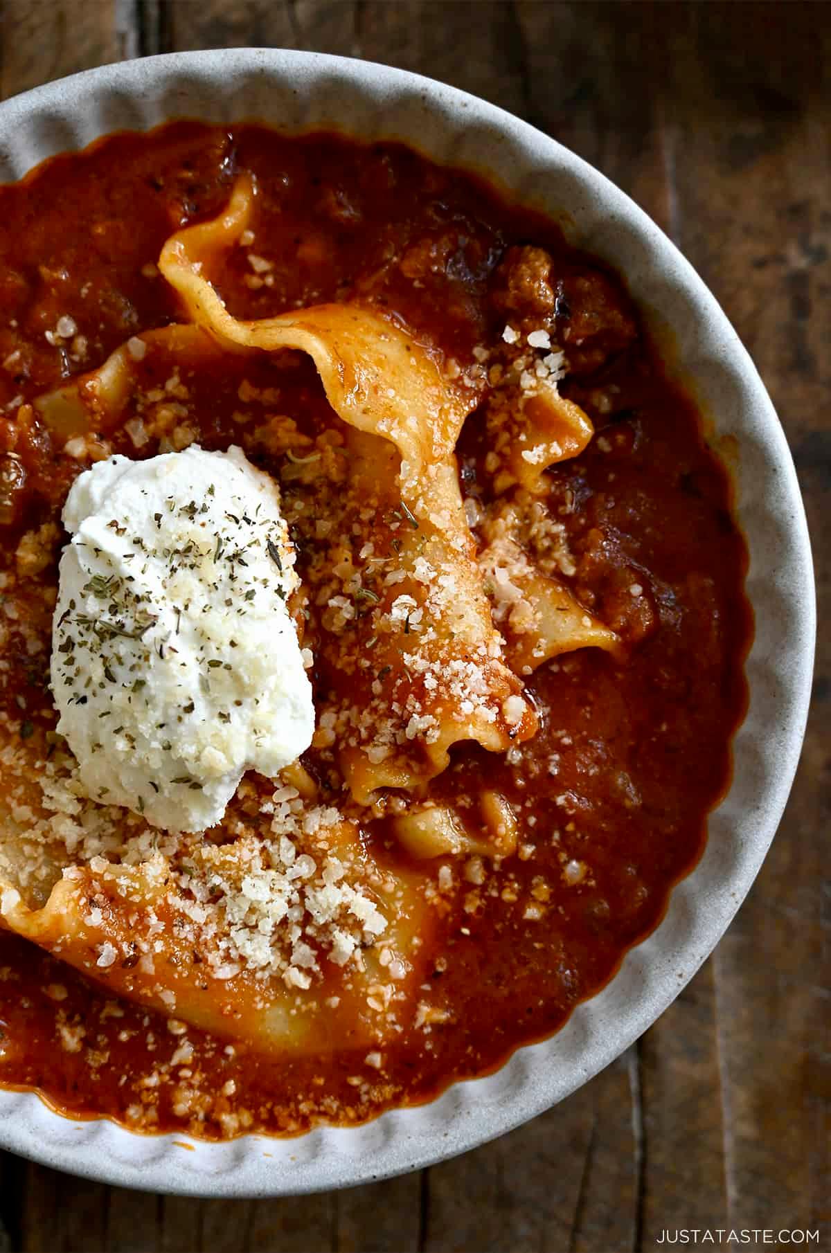 close-up shot of lasagna soup simmering in a pot
