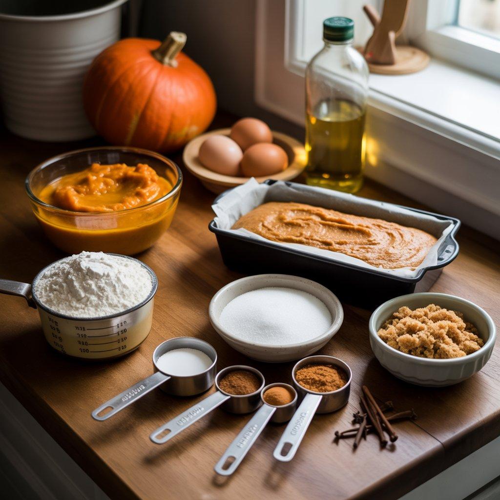 ingredients for libby's pumpkin bread arranged on a kitchen counter