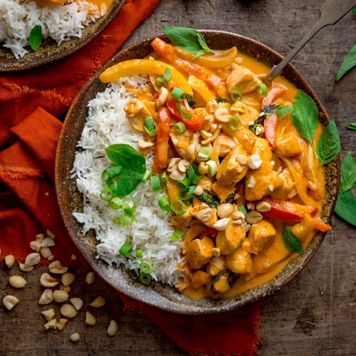 Panang curry with chicken and vegetables served in a bowl