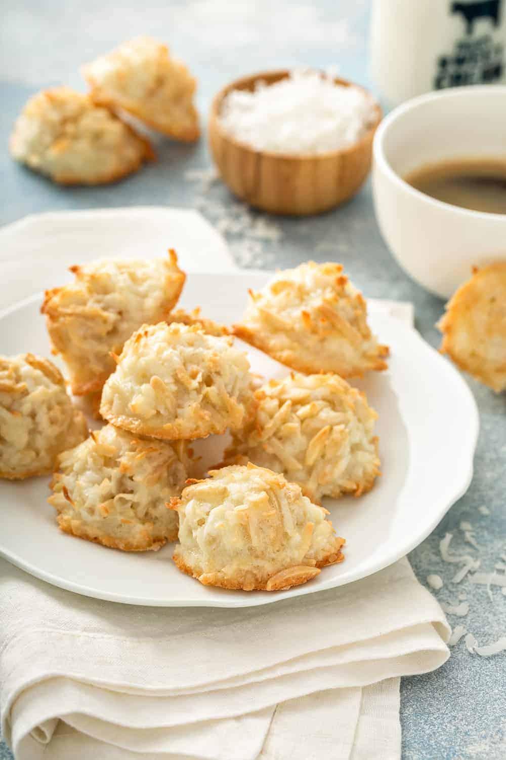 ingredients for coconut almond macaroons arranged on a kitchen counter