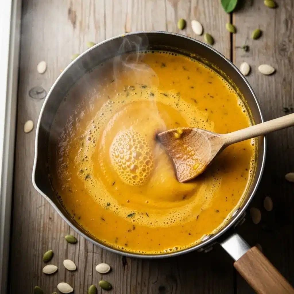 blending roasted pumpkin and sage in a large pot with an immersion blender, creating a smooth, creamy texture