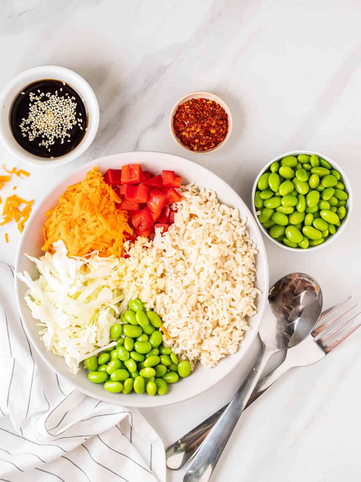 overhead shot of an egg and brown rice bowl, showcasing vibrant colors and textures
